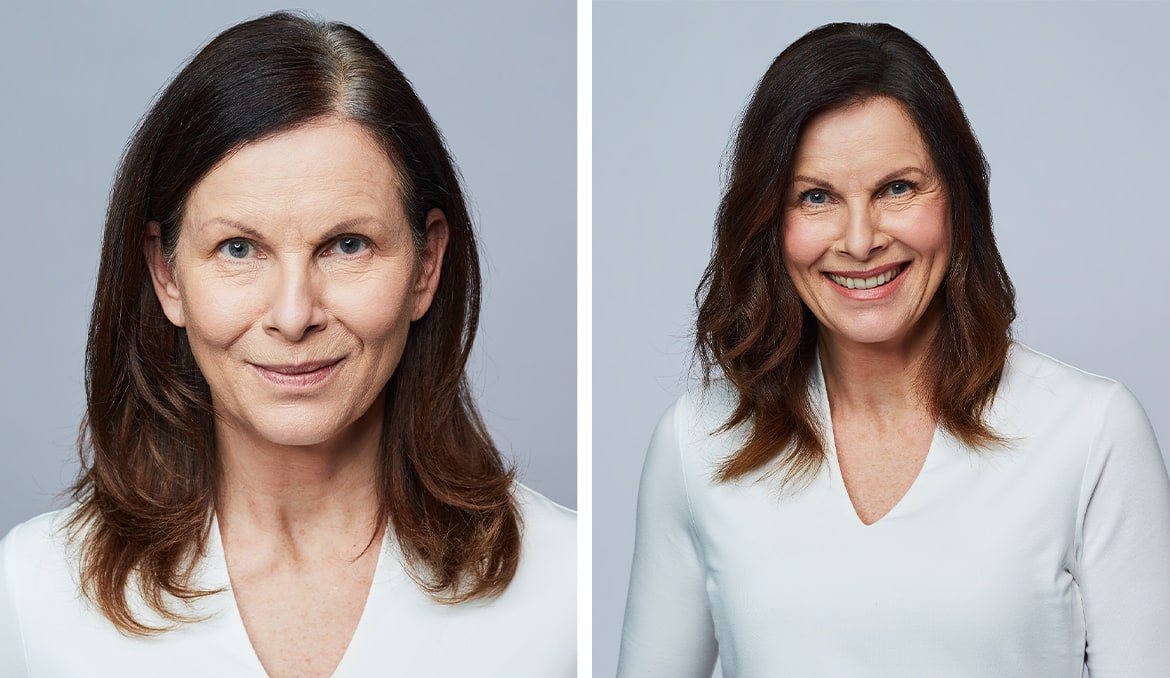 Vorher-Nachher-Bild von älterer Frau, die sich den grauen Haaransatz mit dem Magic Touch Kaschierspray nachgefärbt hat